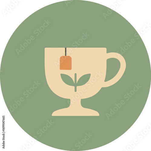 Minimalist illustration of a white teacup with a green plant and tea bag on a light green background
