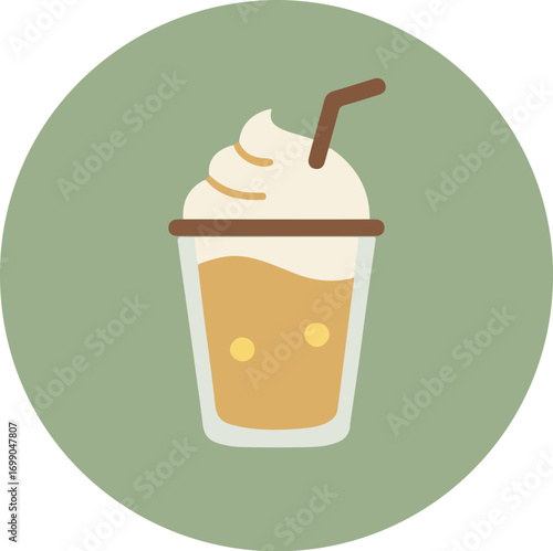 Creamy iced coffee with whipped cream and chocolate drizzle in a white takeaway cup on green background