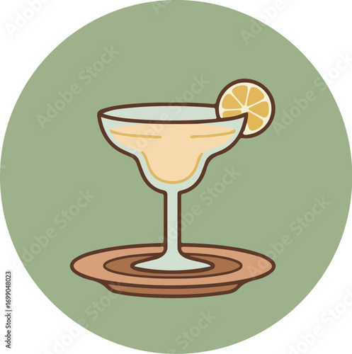 Margarita cocktail in a classic glass with lime garnish on a brown coaster against a green background