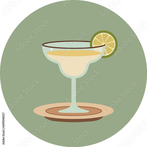 Classic margarita cocktail in a stemmed glass with a salted rim and lime slice on a round coaster