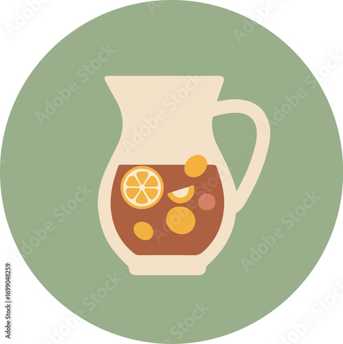White pitcher with brown beverage and citrus slices on light green background