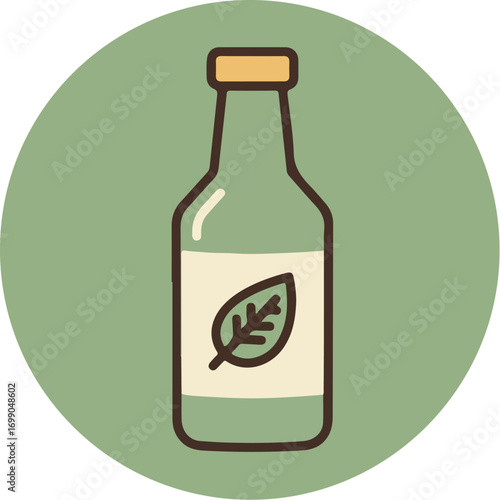 Minimalist light green glass bottle with cork stopper and green leaf label on circular background