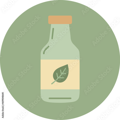 Light green glass bottle with wooden lid and leaf motif on beige label