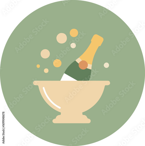 Champagne bottle with golden body and green base being opened in a white bowl with bubbles