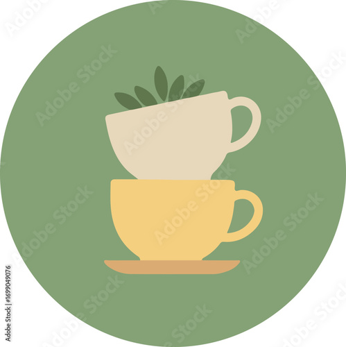Minimalist illustration of two stacked teacups with a green plant on a solid green background