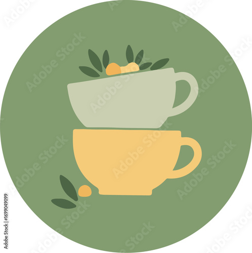 Two stacked cups with green leaves and orange fruits on a soft green background