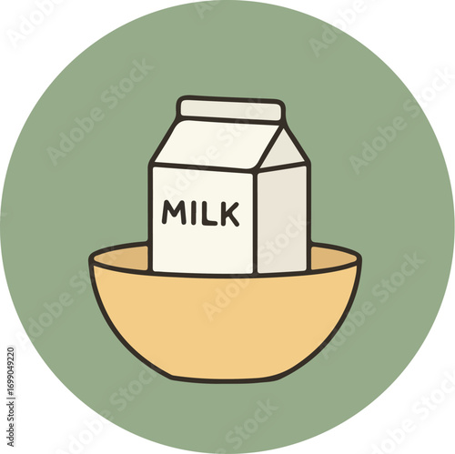 Light brown ceramic bowl with white milk carton on soft green background