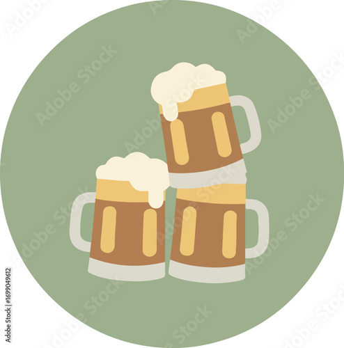 Two classic white beer mugs filled with golden-brown ale on a muted green background