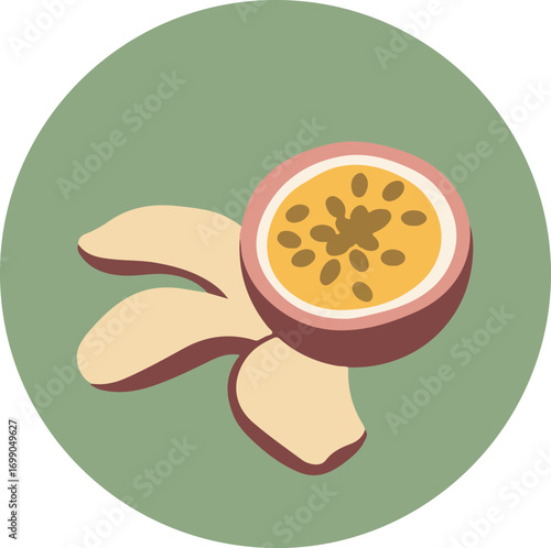 Close-up illustration of a passion fruit split in half with a deep purple exterior and vibrant yellow-orange interior with seeds