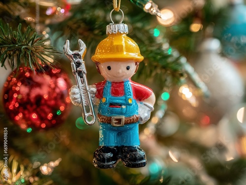 Sparkling glass Christmas ornament depicting a plumber holding his tool, hanging on a Christmas tree decorated with colorful lights and festive ornaments.