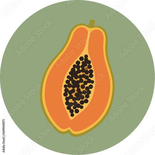 Close-up of halved papaya with vibrant orange flesh and black seeds on light green background