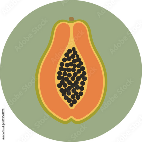Close-up of halved papaya with vibrant orange flesh and glossy black seeds on green background