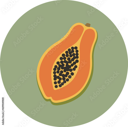 Close-up of halved papaya with bright orange flesh and black seeds on a muted green background
