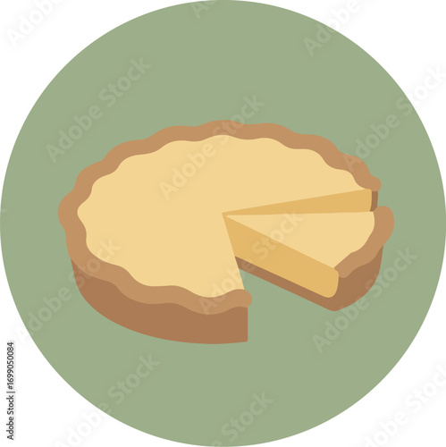 Freshly baked pie with golden-brown crust and creamy yellow filling on light green background