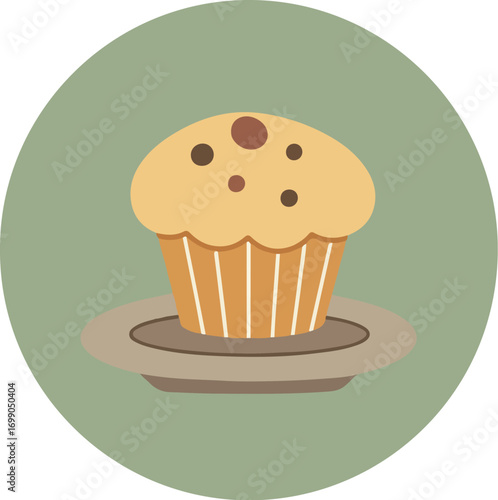 Freshly baked chocolate chip muffin in a white paper cup on a brown saucer