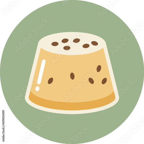 Creamy golden-yellow pudding in a white cup with dark brown speckles on a light green background