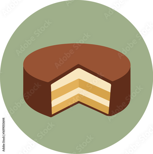 3D illustration of a richly textured chocolate cake with alternating layers on a soft green background