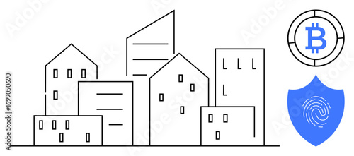 City skyline with modern buildings, bitcoin token, and security shield with fingerprint. Ideal for blockchain, cryptocurrency, digital security, urban tech, smart city, fintech innovation concepts