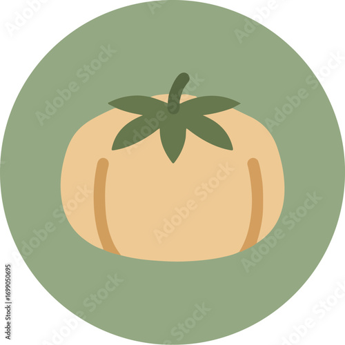 Close-up of a ripe tomato with green leaves on a light green background