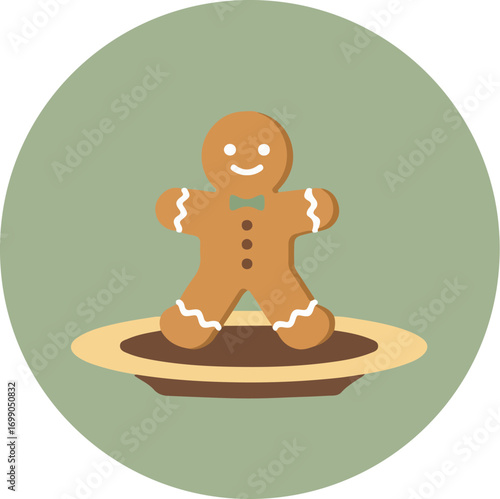 Cheerful gingerbread man with green bow tie on a brown plate