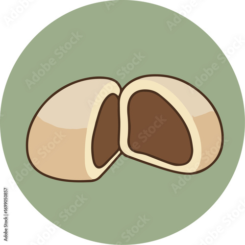 Detailed illustration of a halved almond with light beige shell and dark brown kernel on a light green background