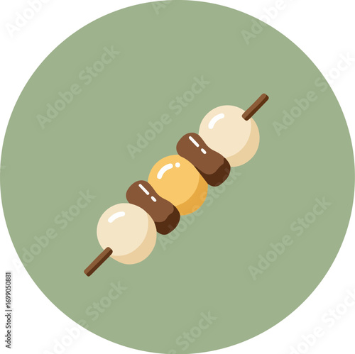 Close-up illustration of skewered Japanese mochi dessert with varied textures and colors on pastel green background