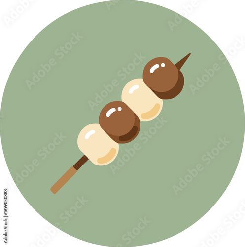Traditional Japanese dango skewer with three round mochi balls on a wooden stick against a light green background