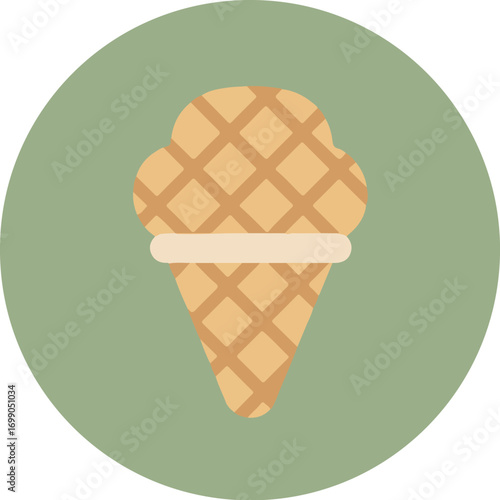 Close-up of a golden-brown ice cream cone with a delicate lattice pattern and a crisp white stripe at the base