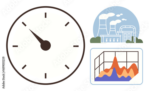 Clock indicating time, industrial factory with emissions, and statistics graph. Ideal for industries, pollution awareness, environmental studies, time management, data analysis, energy efficiency
