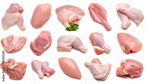 Assortment of various raw chicken parts displayed against a plain white background.