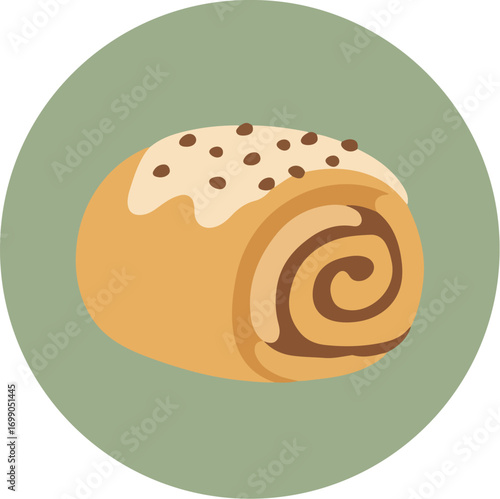 Close-up of a freshly baked cinnamon roll with white icing and chocolate chips on a light green background