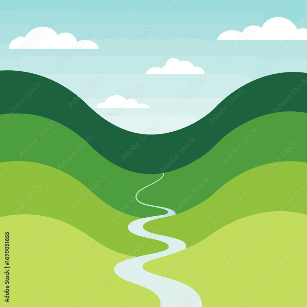 Obraz premium Stylized Winding River Through Green Rolling Hills Under a Cloudy Sky.