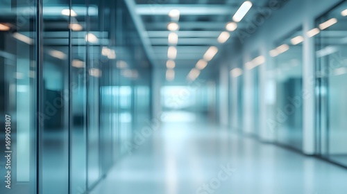 A modern office hallway with glass walls fades into a soft-focus, light-blue tone.