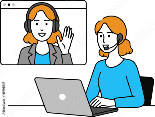 Minimalist line art of women in video conference engaging in remote communication and online collaboration vector