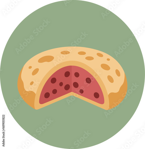 Half-moon shaped turnover with golden-brown crust and deep red berry filling on green background