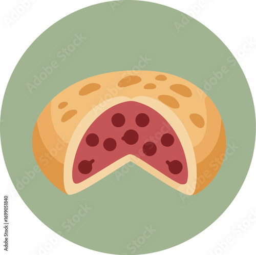 Close-up of a single slice of pizza with pepperoni or roasted vegetables on a soft pastel green background