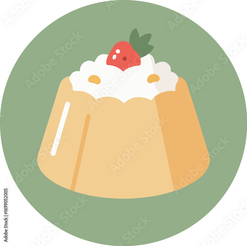 Vanilla pudding with whipped cream and strawberry in a clear glass mold on a green circular background