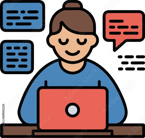 Flat design blogger typing on laptop communicating ideas with speech bubbles modern digital art vector