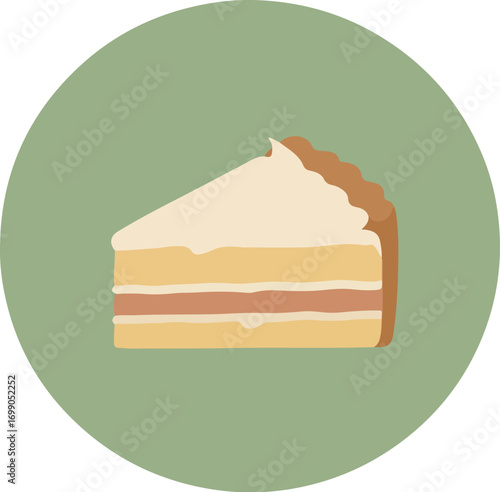 Close-up of a layered cake slice with light yellow sponge, pink filling, and white frosting on a green background