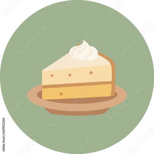 Close-up of layered cake with yellow base, creamy layer, and whipped cream on a round plate against a green background