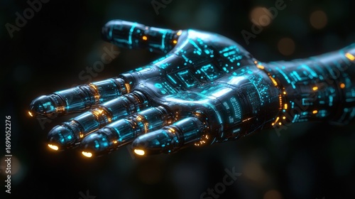 Futuristic robotic hand with glowing circuits, open palm.