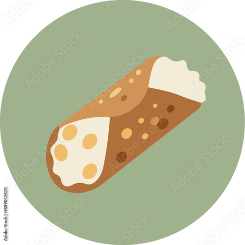 Close-up of a cannoli with a crisp golden-brown shell and creamy ricotta filling on a green background