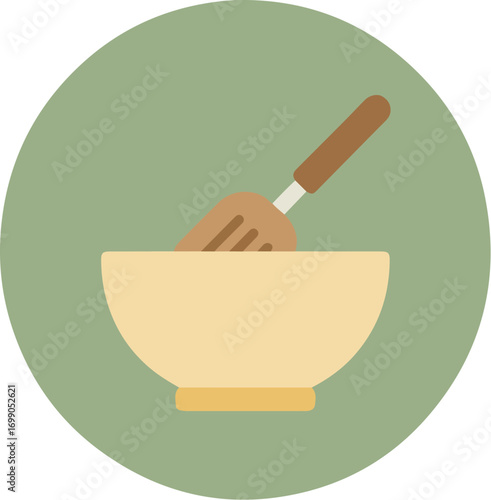 Close-up of a beige bowl with brown dough mixture being stirred by a wooden spoon on a light green background