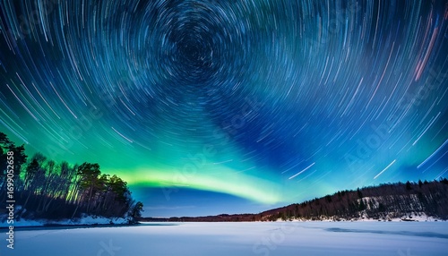 green and blue aurora borealis swirl across a snowy frozen landscape under a night sky filled with star trails