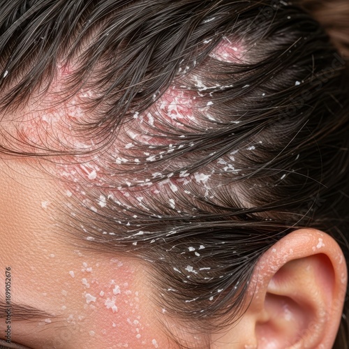 Close-up displaying scalp psoriasis with red patches and scaly skin