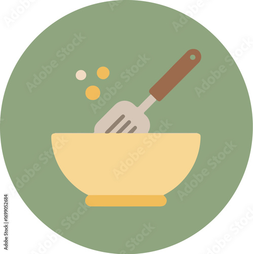Vibrant culinary illustration of a yellow bowl with a silver spoon and red handle on a green background