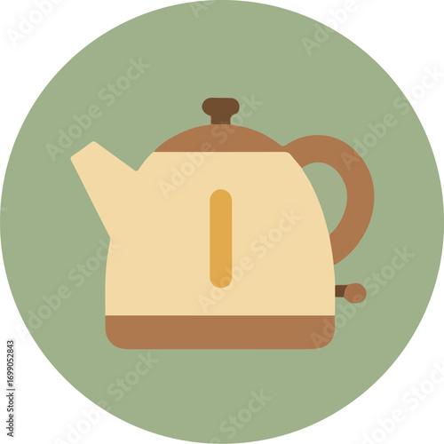 Detailed illustration of a beige and brown teapot with a matching lid on a light green circular background