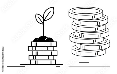 Coin stack with a growing plant symbolizes profit and sustainable investment, next to larger stacked coins emphasizing monetary gain. Ideal for finance, investment, growth, savings, wealth-building