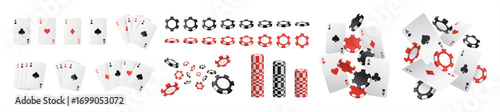 Playing card and casino chips poker game elements in 3D realistic design set. Vector aces hearts and spades, clubs and diamonds. Leisure hobby entertainment gambling game objects, vector set.