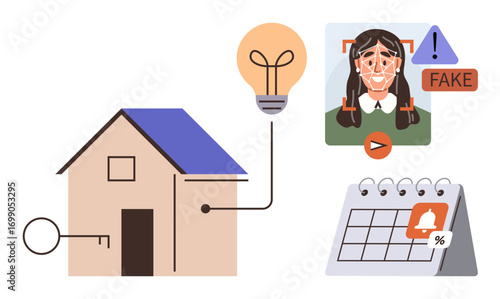 House with key and smart light, photo with deepfake detection warning, calendar with alert. Ideal for cybersecurity, privacy, AI ethics, home automation, online safety, identity verification